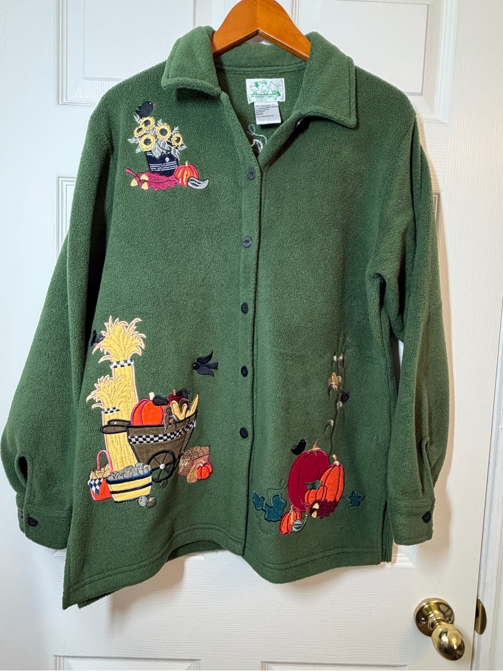 Quacker Factory Green Fleece Jacket with Autumn Harvest Embroidery